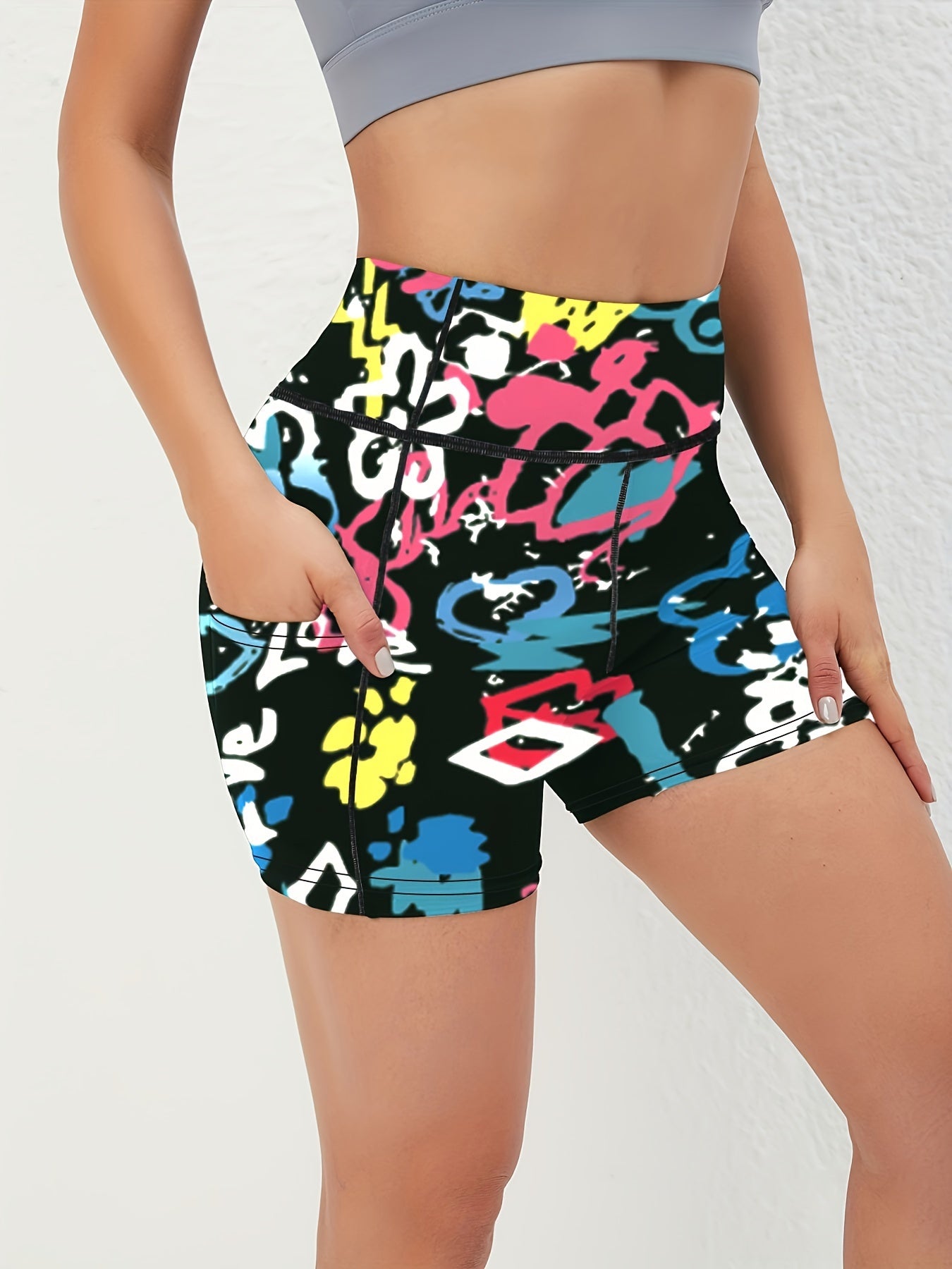 3pcs Women'S High-Waist Yoga Shorts with Pockets - Stretchy, Breathable & Moisture-Wicking Activewear in Vibrant Floral Prints for Fitness, Running, and Casual Attir