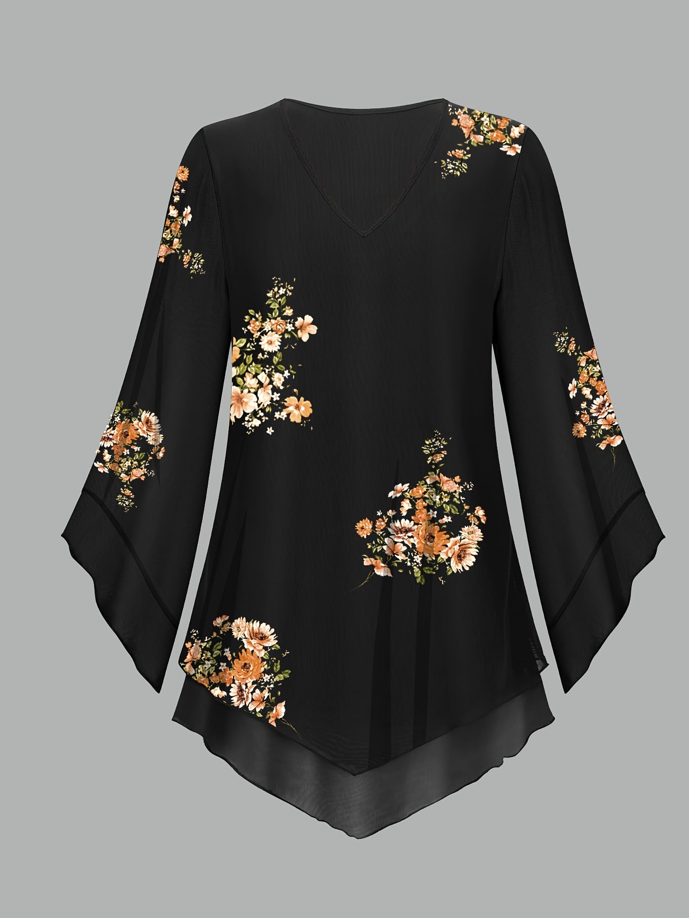 Women's Floral Print V-Neck Blouse with 3\u002F4 Flared Sleeves - Double-Layer Elastic Mesh, Loose Fit Flowy Tunic Top for Casual & Work, Spring\u002FSummer Semi-Sheer Shirt, Ladies Blouses