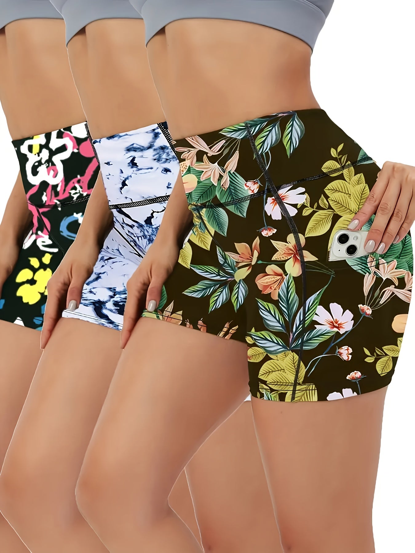 3pcs Women'S High-Waist Yoga Shorts with Pockets - Stretchy, Breathable & Moisture-Wicking Activewear in Vibrant Floral Prints for Fitness, Running, and Casual Attir