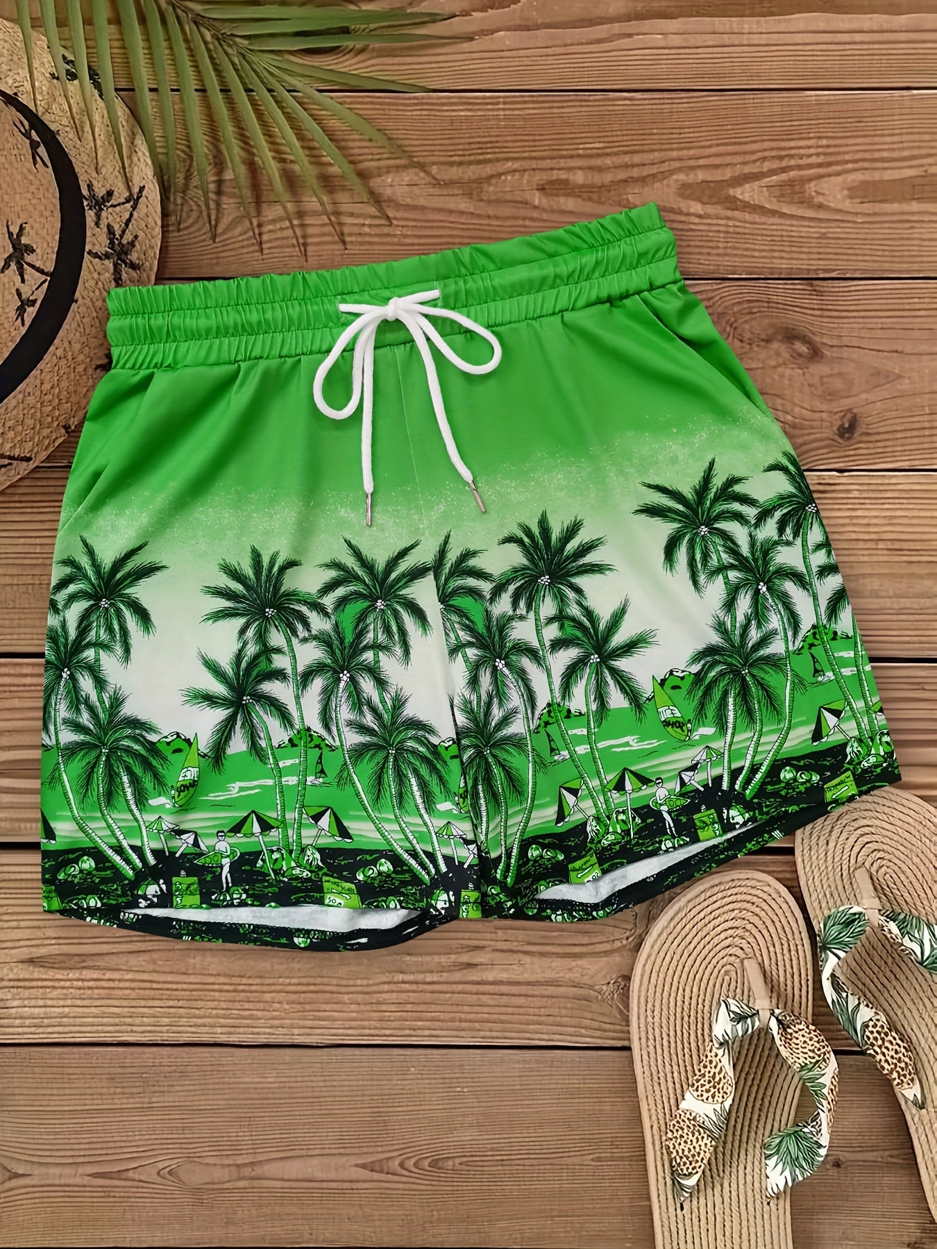 Women'S Casual Drawstring Shorts with Pockets, Tropical Palm Tree and Sailboat Print, Comfortable Leisure Vacation Fashion, Polyester Blend Knit Fabric, Spring\u002FSummer\u002FFall Season