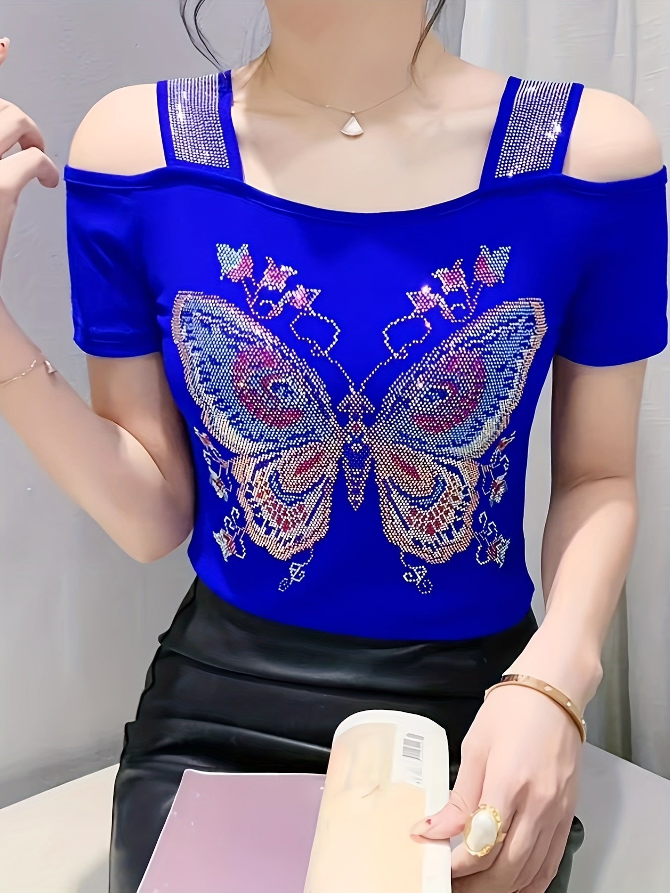 Elegant Off-Shoulder Butterfly Rhinestone Top - High Stretch Mesh, Short Sleeve, Double Layer Design, Vibrant Floral & Butterfly Pattern, Women's Fashion for Summer