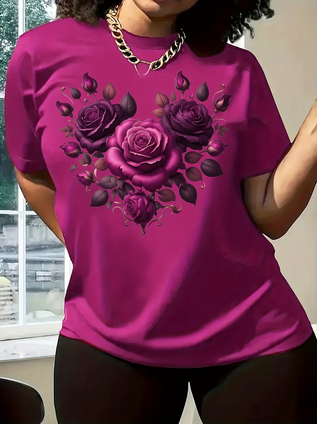 Women'S Floral Heart Print T-Shirt, Casual Crew Neck Short Sleeve Top, 100% Polyester Knit Fabric, Regular Length, All Season Fashion Tee