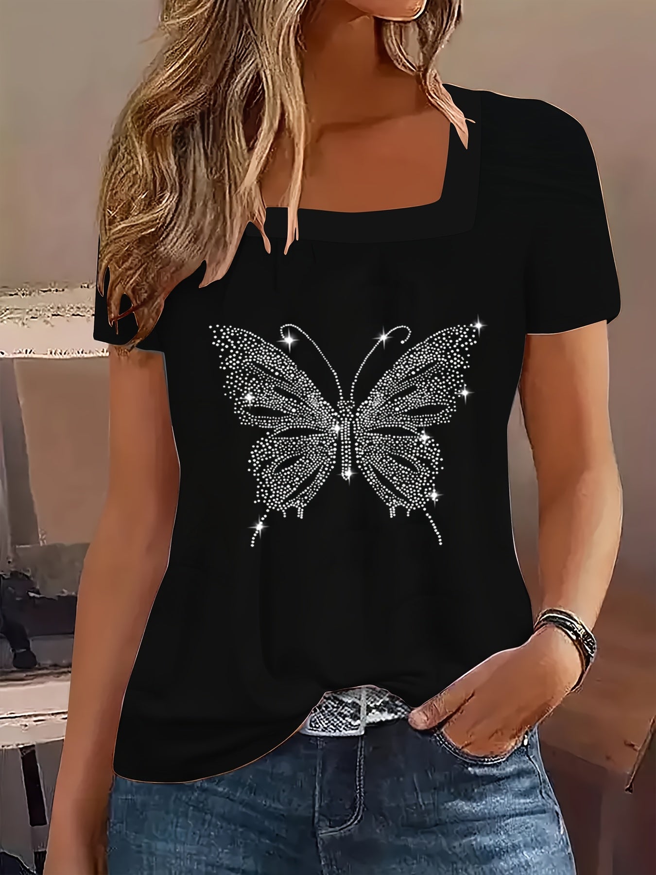 Stylish Women's Square Neck Shiny Rhinestone T-Shirt with Large Butterfly Appliqué, Trendy and Elegant Blouse for Ladies