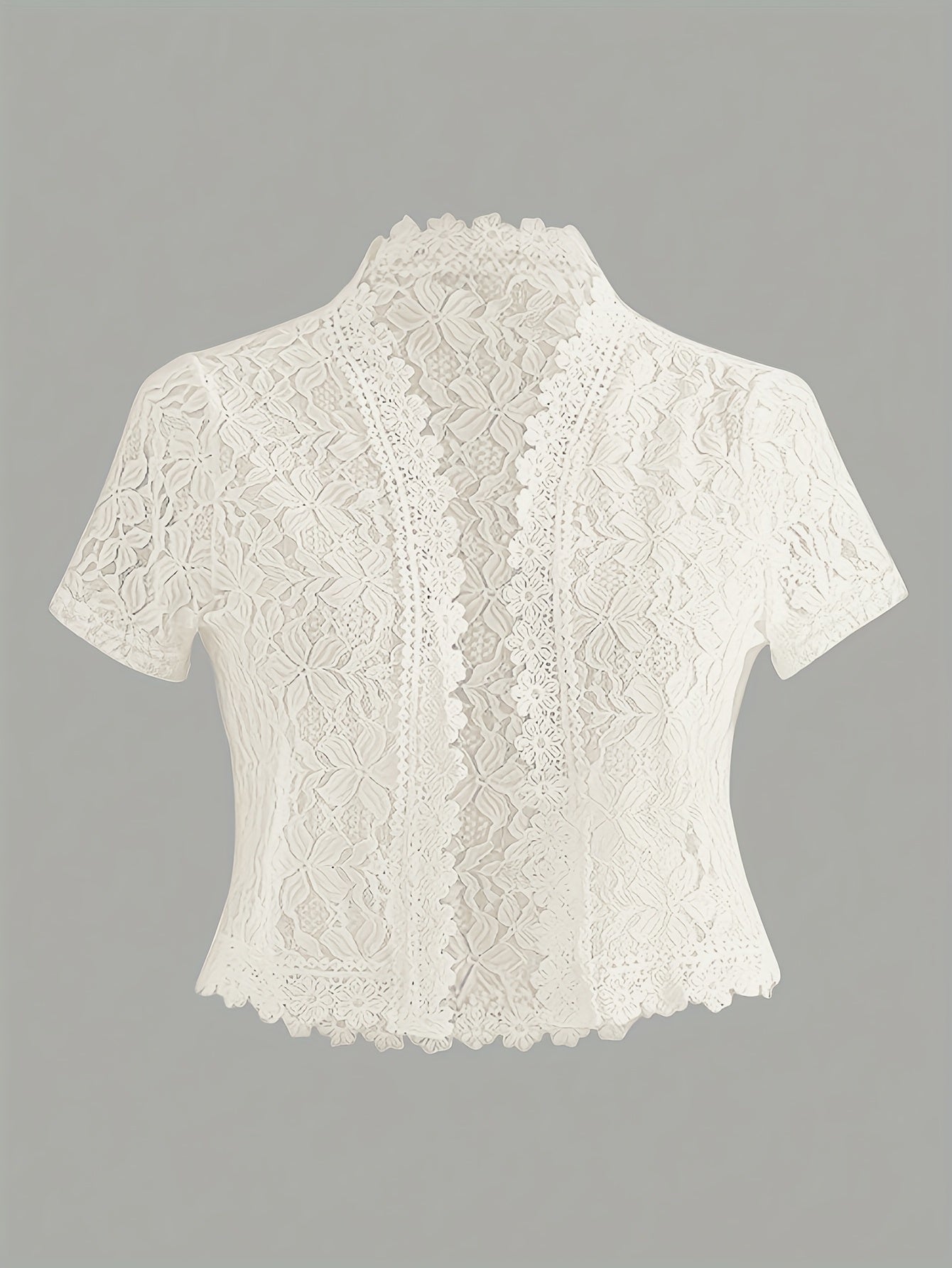 Elegant White Lace Contrast Cardigan - Short Sleeve, Stand Collar, Open Front Jacket for Women | Perfect for Spring\u002FSummer Parties & Casual Wear, Party Wear Cardigan | Lace Detailing | Constructio