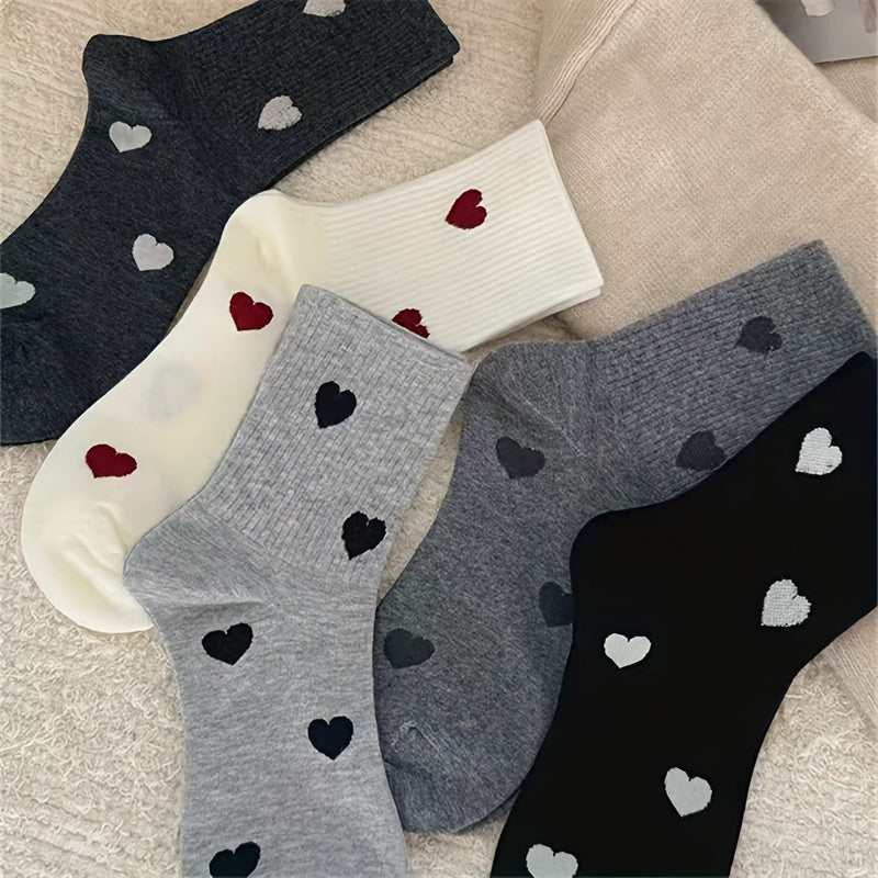 5 Pairs Heart Print Crew Socks 5 Pairs Women'S Heart Print Crew Socks, Comfortable Mid-Calf Length, Polyester Knit Fabric with 5% Elastane, Geometric Pattern, with Hand Wash, for Fall\u002FWinter
