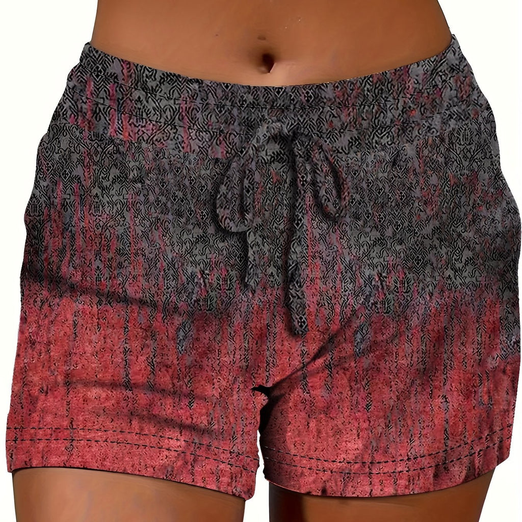 Women's Casual Printed Drawstring Shorts - Stretchy Elastic Waist, Gradient Red and Black, Polyester Blend, Summer Fashion