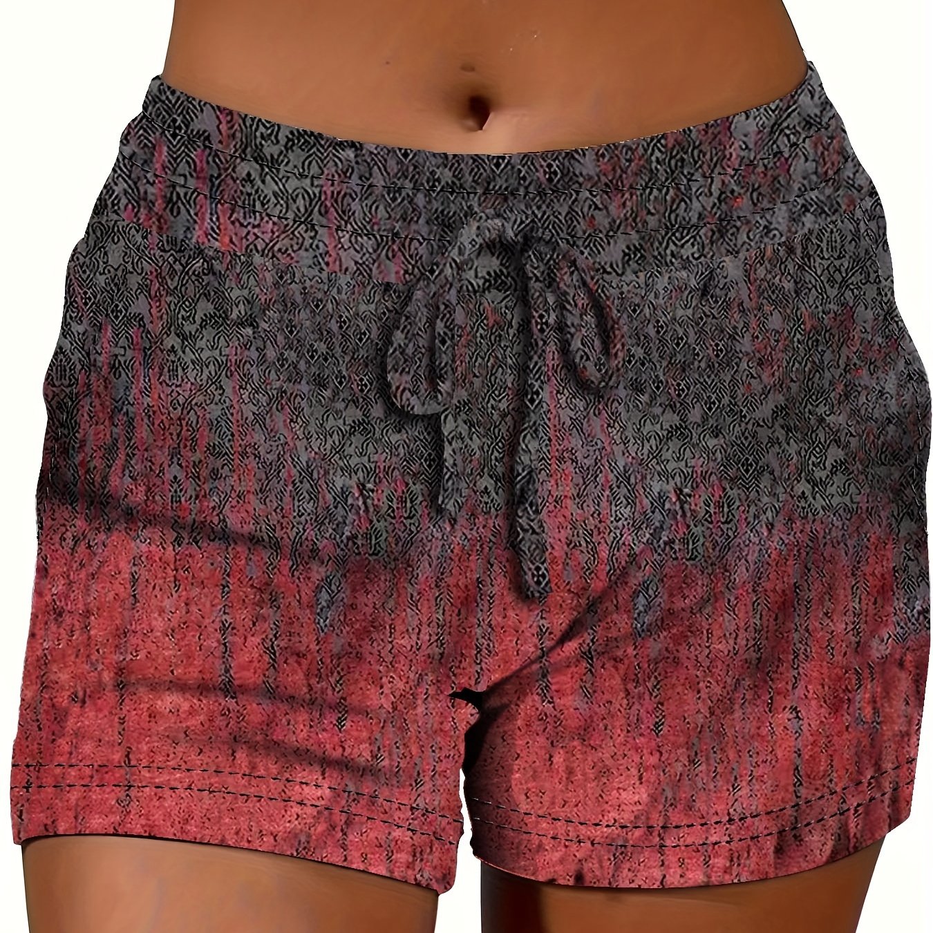 Women's Casual Printed Drawstring Shorts - Stretchy Elastic Waist, Gradient Red and Black, Polyester Blend, Summer Fashion