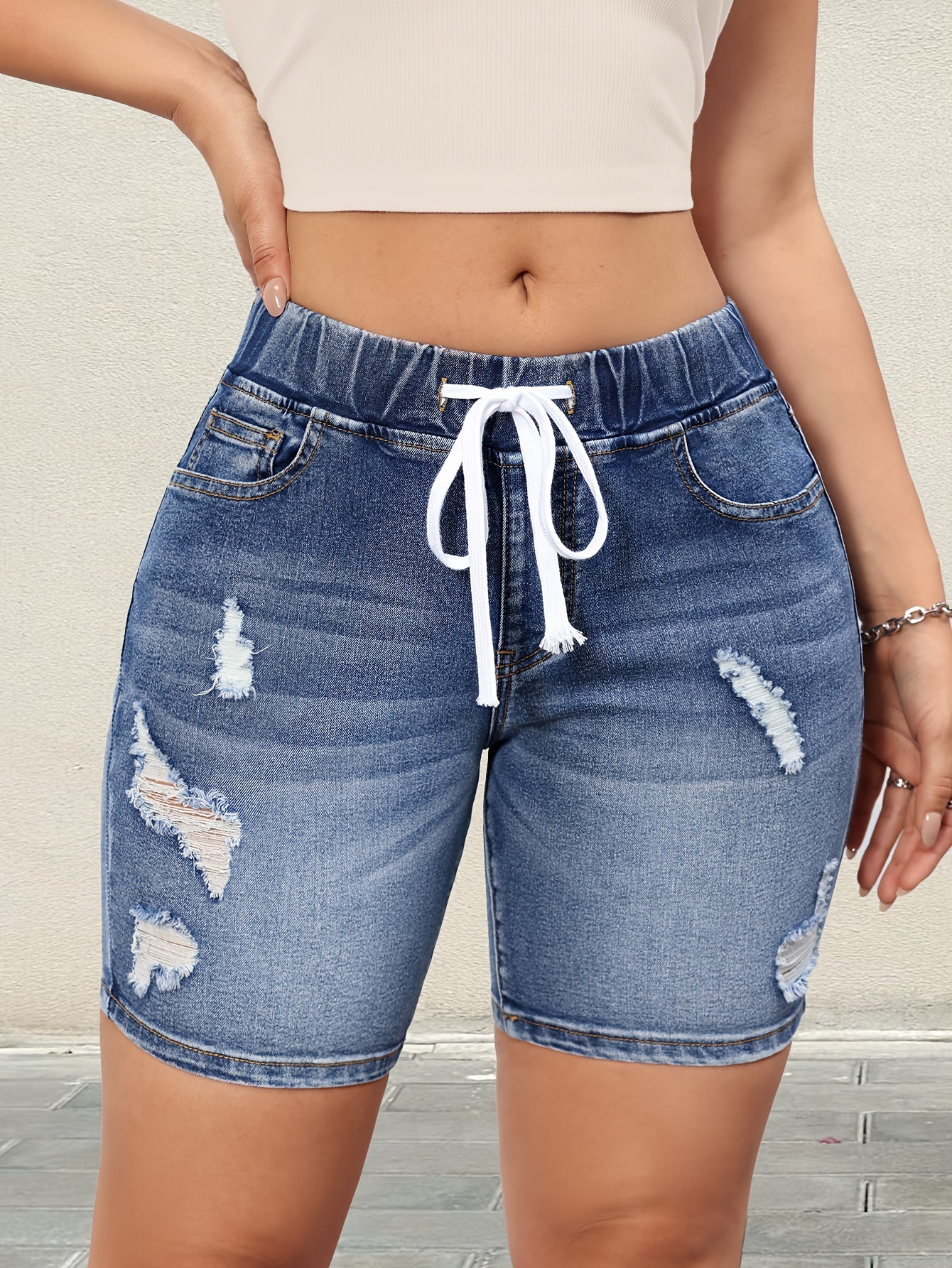 Women's Blue Elastic Waist Drawstring Ripped Denim Shorts, Fashionable Elegant Style Whiskering Denim Shorts