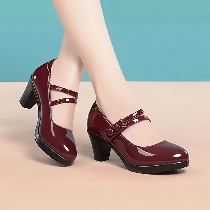 Women's Red Synthetic Cover Pumps - Round Toe, Chunky Heel, Double Buckle Straps, Glossy Finish, All-Season Fashion Dress Shoes