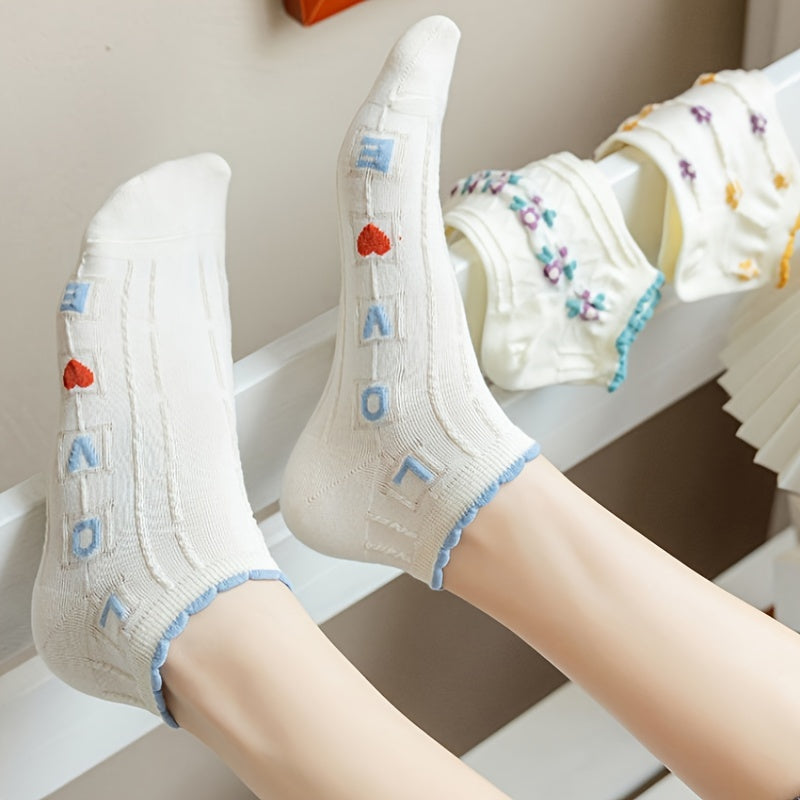 5 Pairs Women'S Floral & Letter Ankle Socks - Breathable, Comfortable Knit Fabric, Ruffled Edge Design, Pastel Colors with Colorful Lettering (Ace, Love, Friendship, Sister, Sisterhood) - Casual Wear, Cute Socks