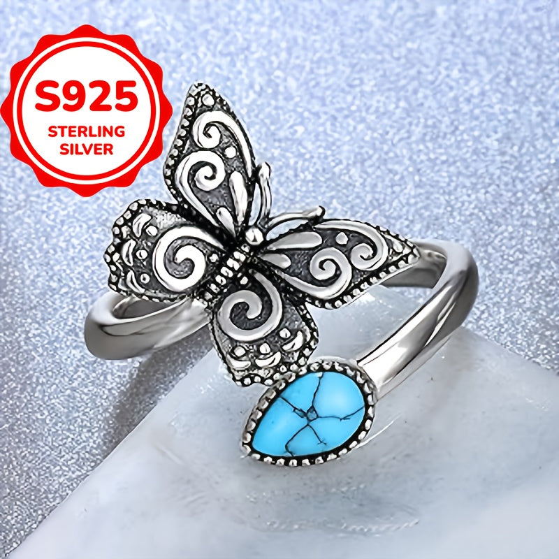 925 Sterling Silver Vintage Carved Butterfly Faux Turquoise Open Ring, Adjustable Spoon Band Jewelry Gift For Men & Women, Hypoallergenic, 0.09oz