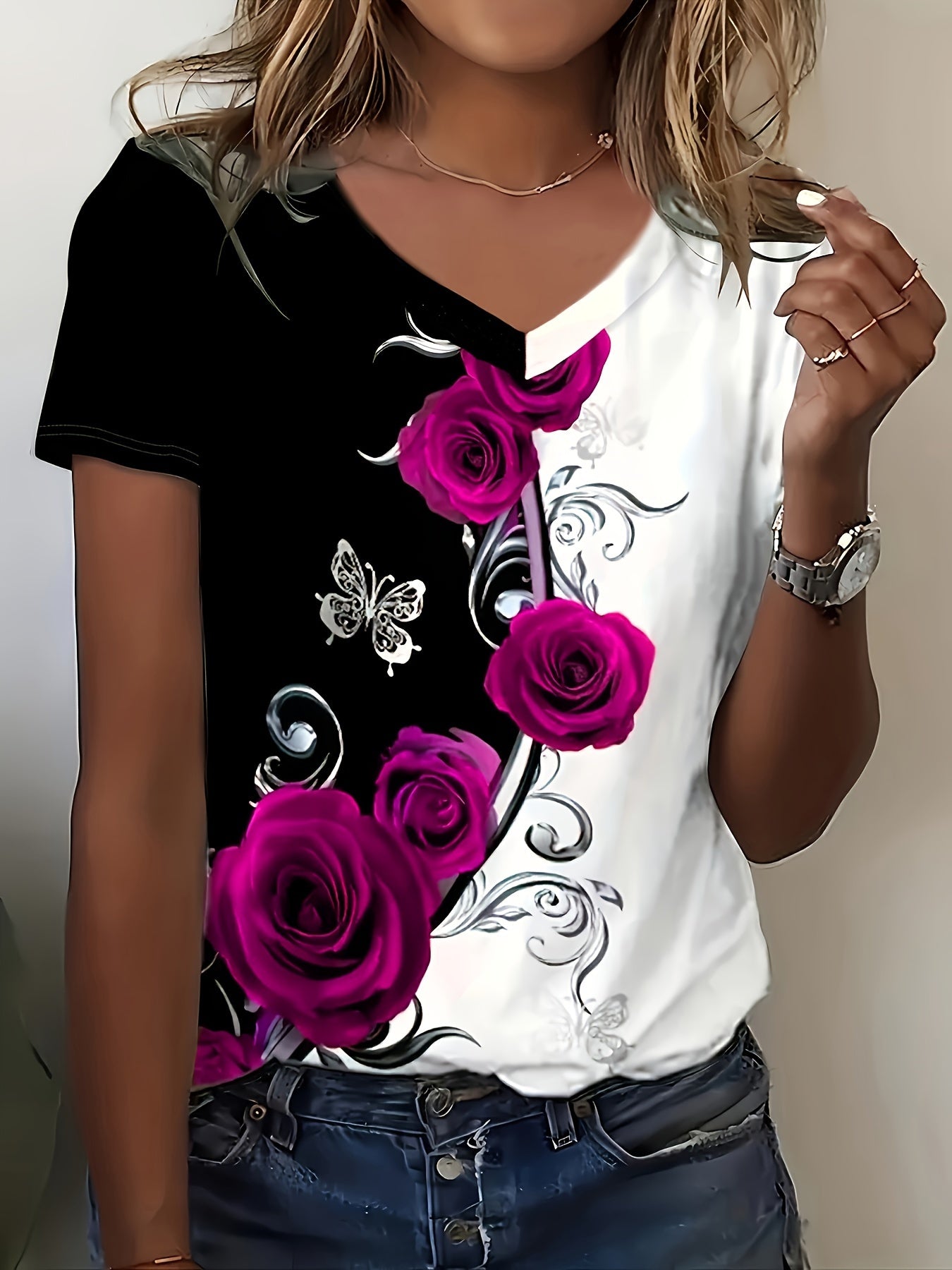 Roses Print V Neck T-Shirt, Elegant Color Block Short Sleeve T-Shirt For Summer, Women's Clothing
