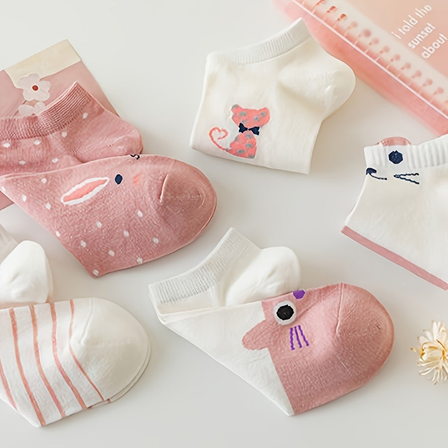 5 Pairs Women's Ankle Socks - Cute Cartoon Cat Design with Polka Dots, Stripes & Hearts - Soft Pink & White Short Socks for Everyday Casual Wear, Novelty Socks, Comfortable Knitwear