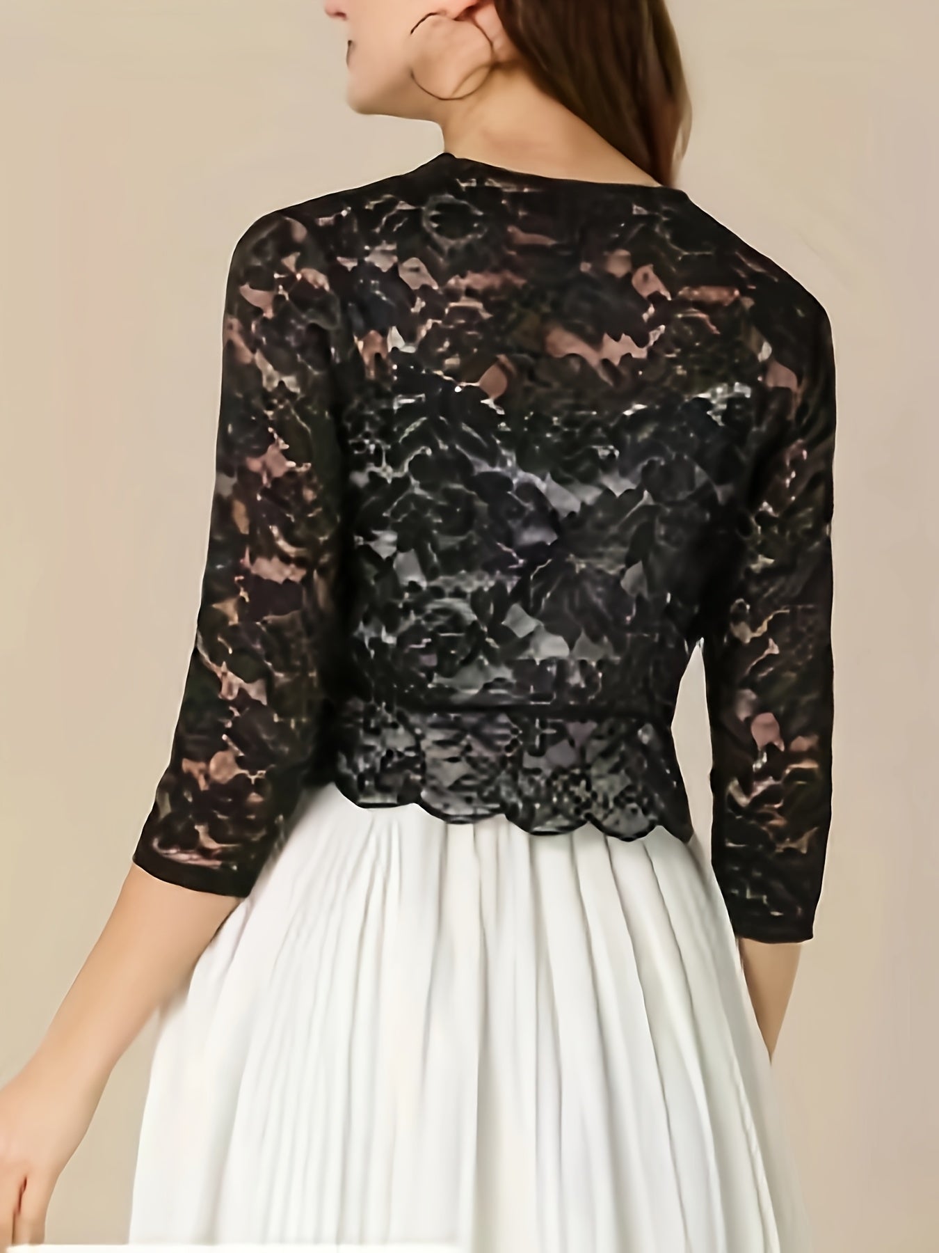 2025 Women'S Elegant Short Collarless Three Quarter Length Sleeve Polyester Knit Fabric Cardigan Top, Solid Color, with Contrast Lace Placket, for Spring\u002FSummer