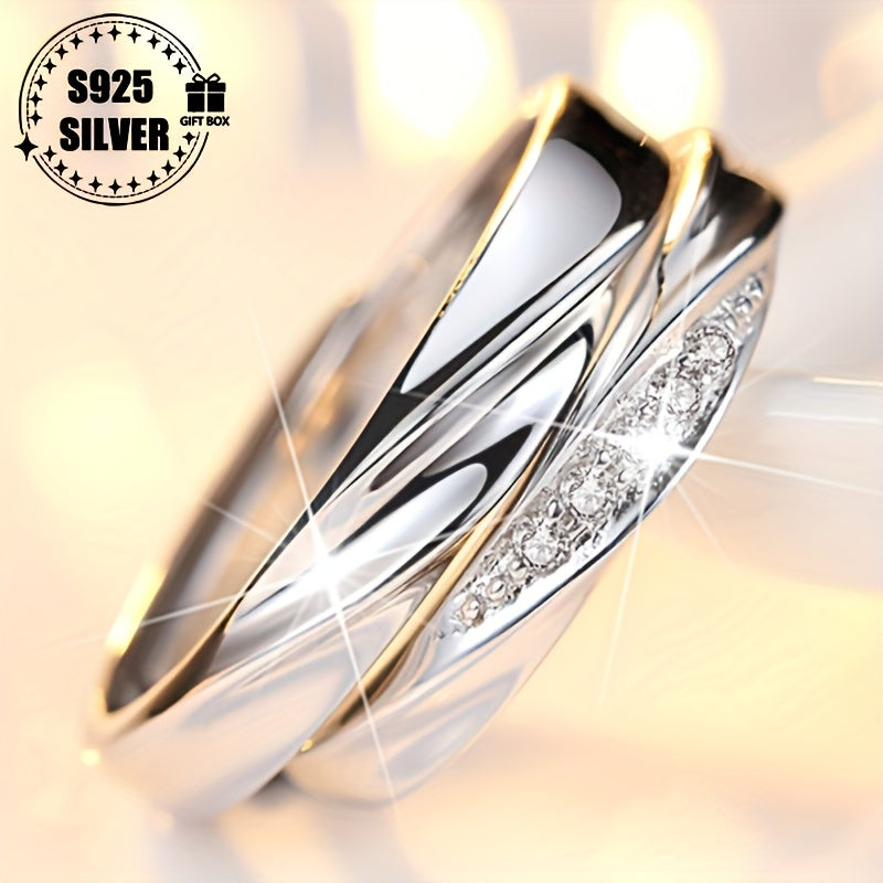 Adjustable 925 Sterling Silver Couple Ring - Hypoallergenic, Classic Luxury Elegant Jewelry Gift for Men and Women, Fashion Accessory, Suitable for Daily Wear, Light Wave, Holiday Gift