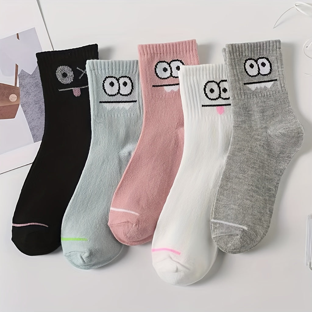 5 Pairs Women's Fun Cartoon Face Print Mid-Calf Socks - Soft Breathable All-Season Casual & Sports Socks with Assorted Colors & Playful Designs, Novelty Socks, Seasonal Wear, Comfortable Wear