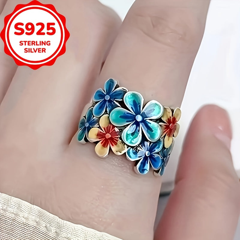 Bohemian Style 925 Sterling Silvery Floral Ring, Suitable for Women, Vintage Ethnic Handmade Jewelry, Suitable for Daily Wear, Four Seasons Applicable