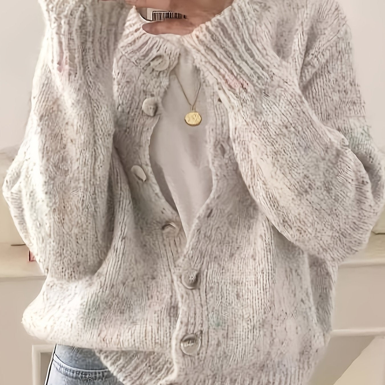 Rachel Women's Elegant Stretchy Camo Button Cardigan - High Elasticity Round Neck Spring\u002FFall Sweater with Decorative Buttons, Hand Wash\u002FDry Clean, Casual to Dressy Outfits, Classic Sweater for Ladies, Outfit Enhancer, Textured, Durable