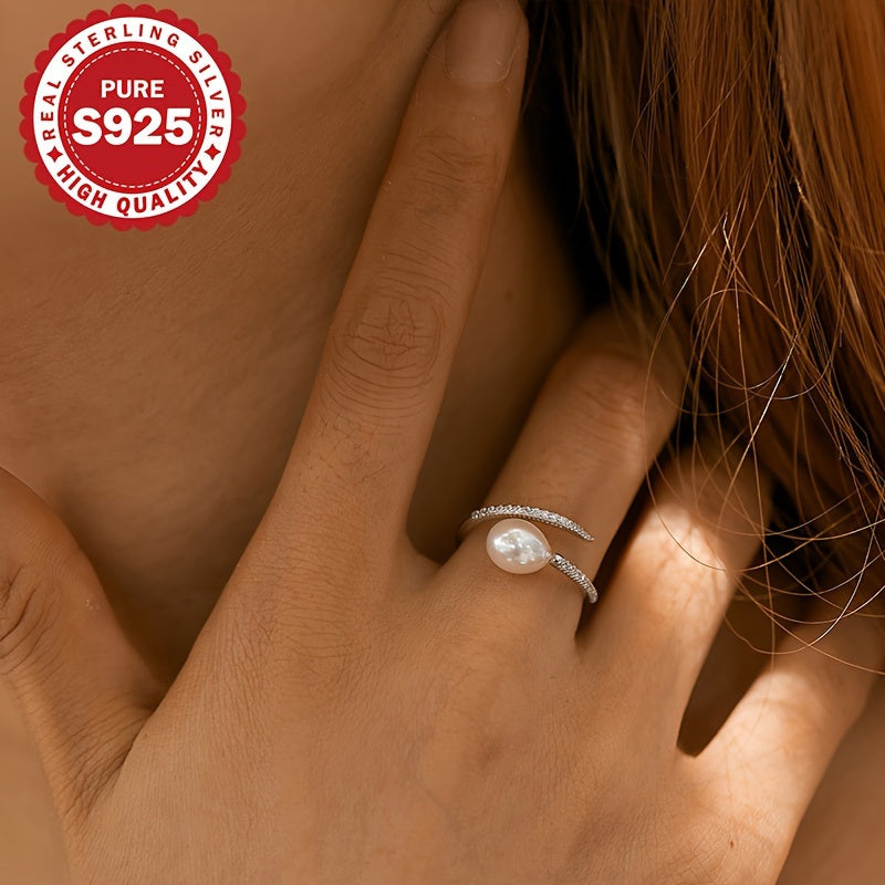 1 Adjustable Freshwater Freshwater Pearls Open Ring, S925 Sterling Silvery Oval Flawless Adjustable Open U-Shaped Ring, Hypoallergenic 2.4g, Suitable for Multiple Occasions
